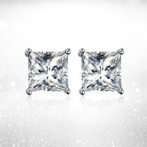 Renaissance 14k White Gold Princess Cut CZ Stud Earrings Lab Created Diamond
